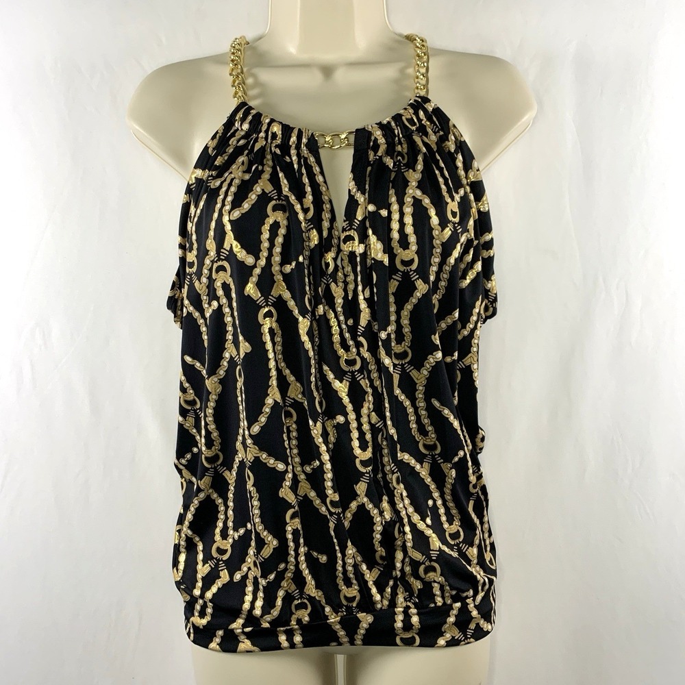 Cache Womens Going Out Y2K Scarf Print Gold Chain Halter Top Small Loud Luxury